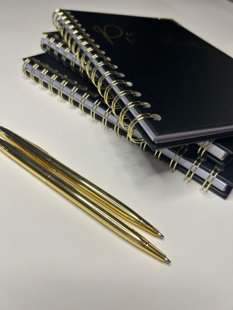 Gold twin wire binding and corner protectors secures the pages and adds a touch of style.